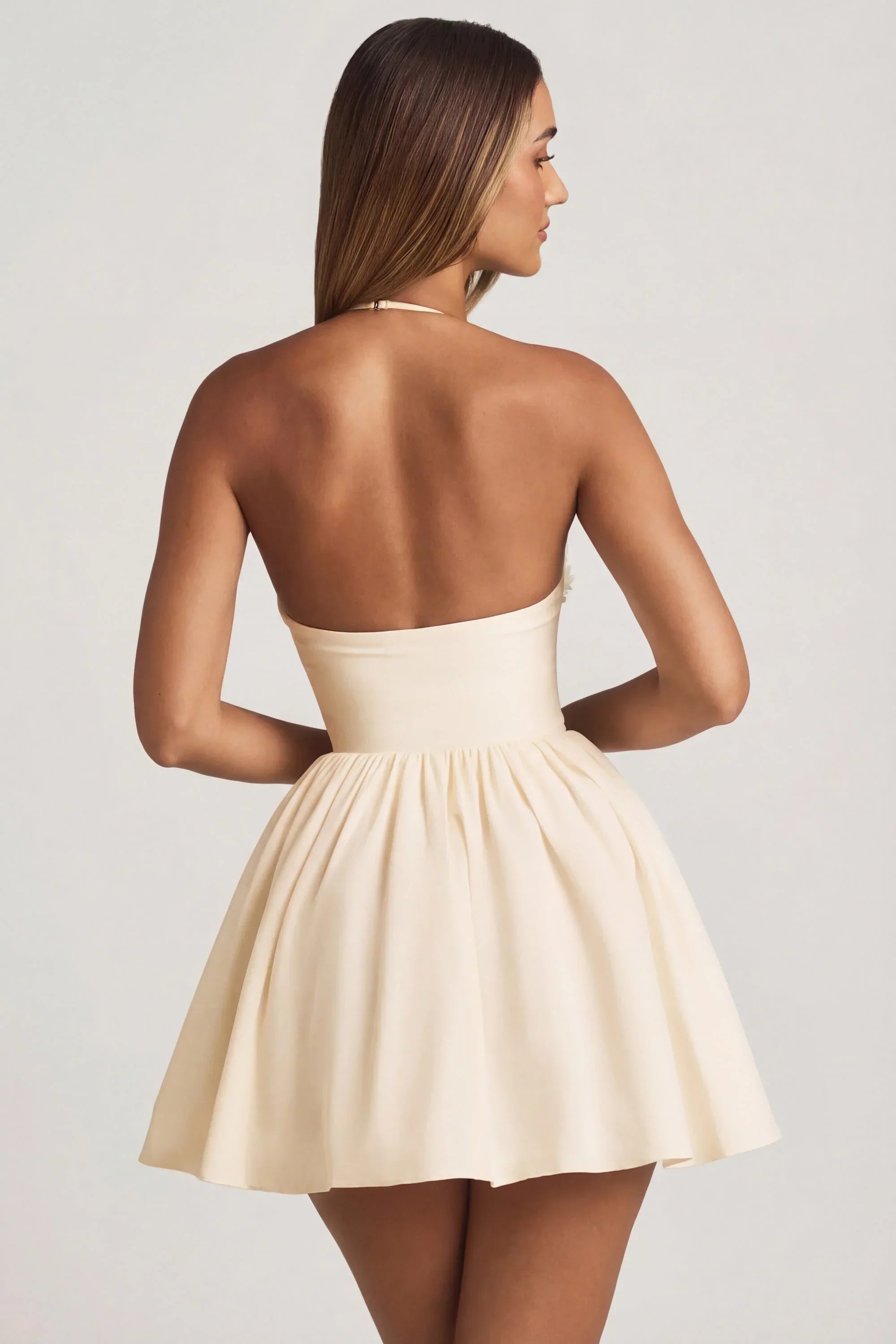 Halterneck Floral Appliqué Corset Mini Dress in Ivory