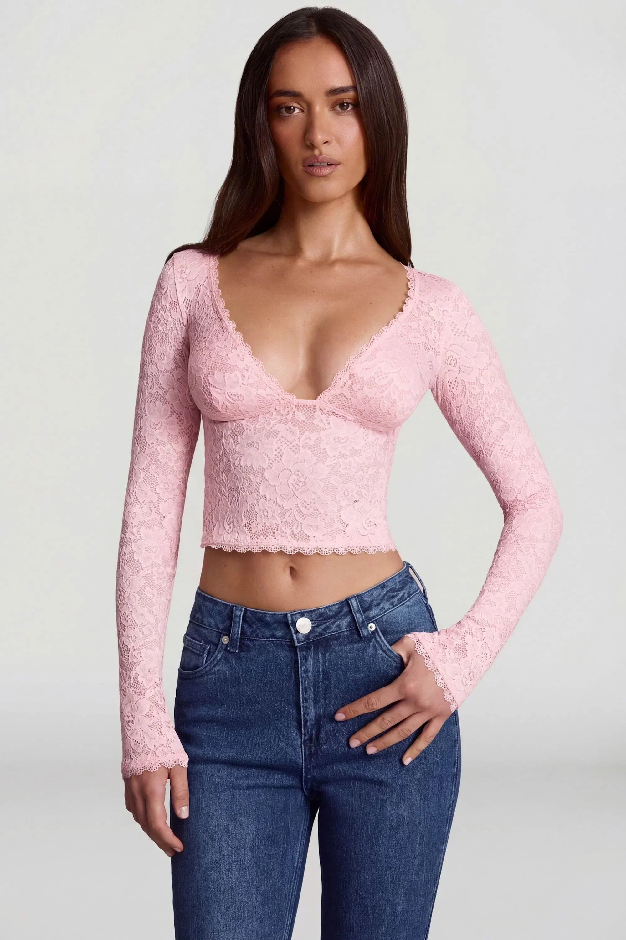 Sheer Lace Plunge Neck Long Sleeve Top in Pink