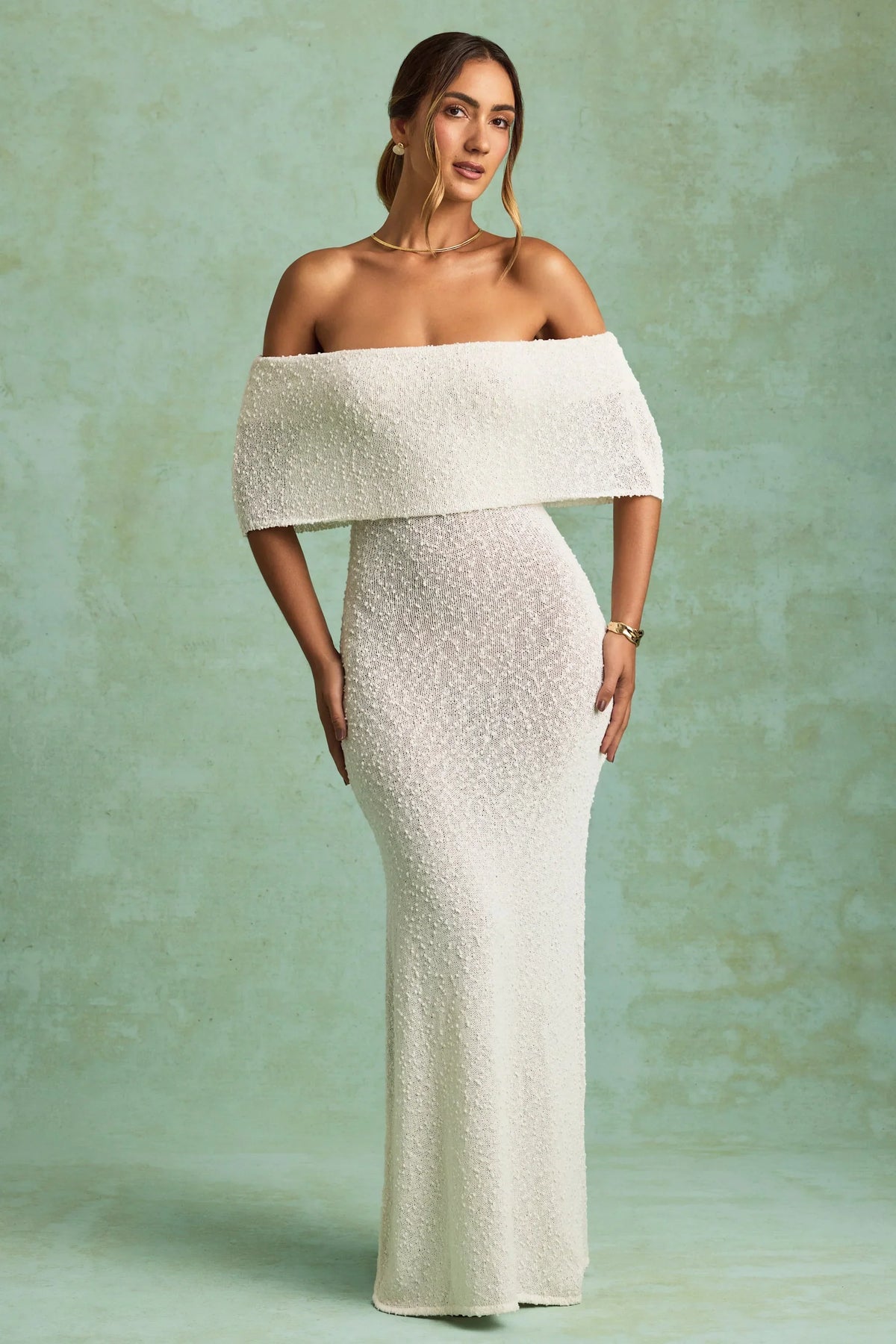 Bouclé Off Shoulder Maxi Dress in White