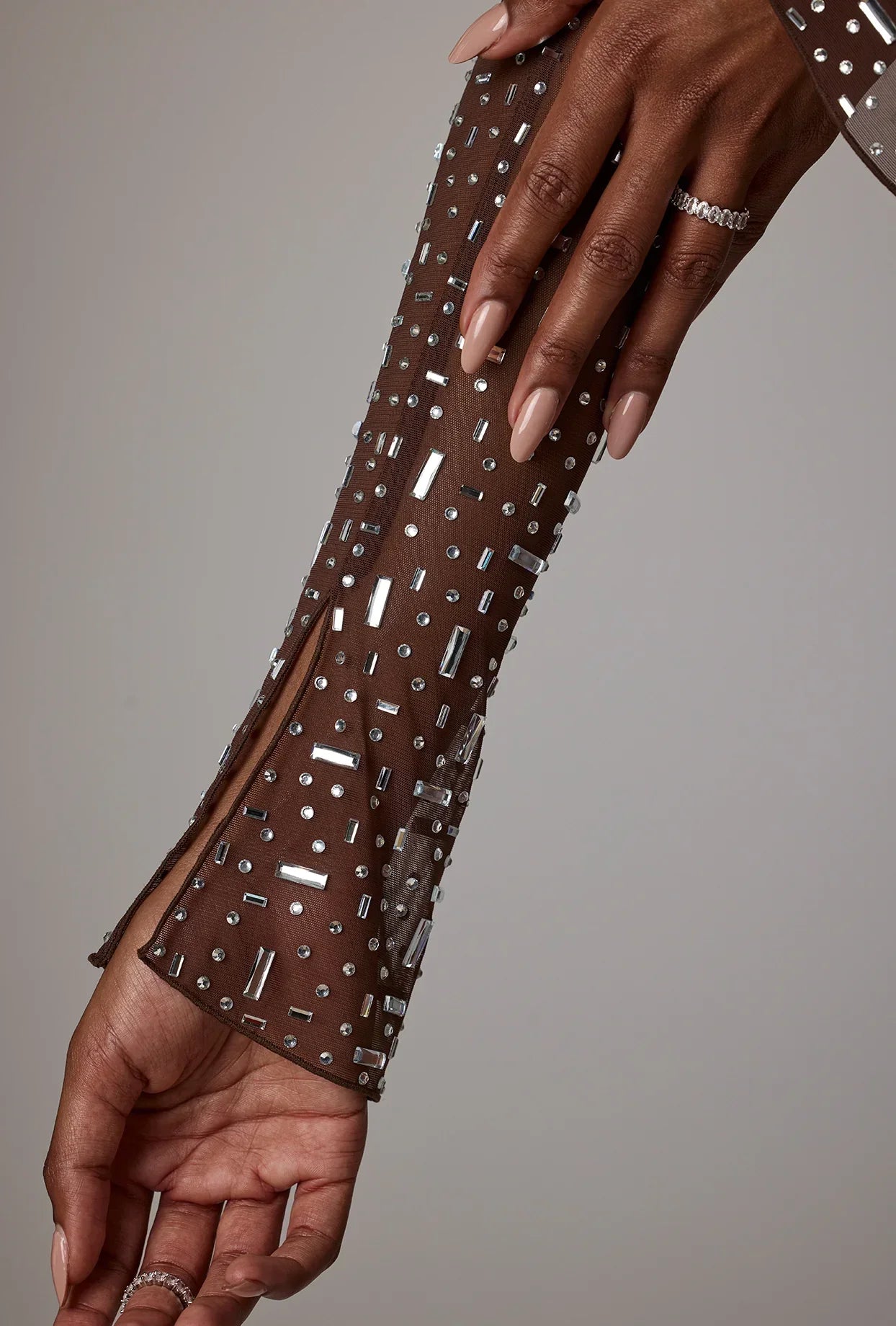 Sheer Embellished Long Sleeve A Line Mini Dress in Deep Cocoa