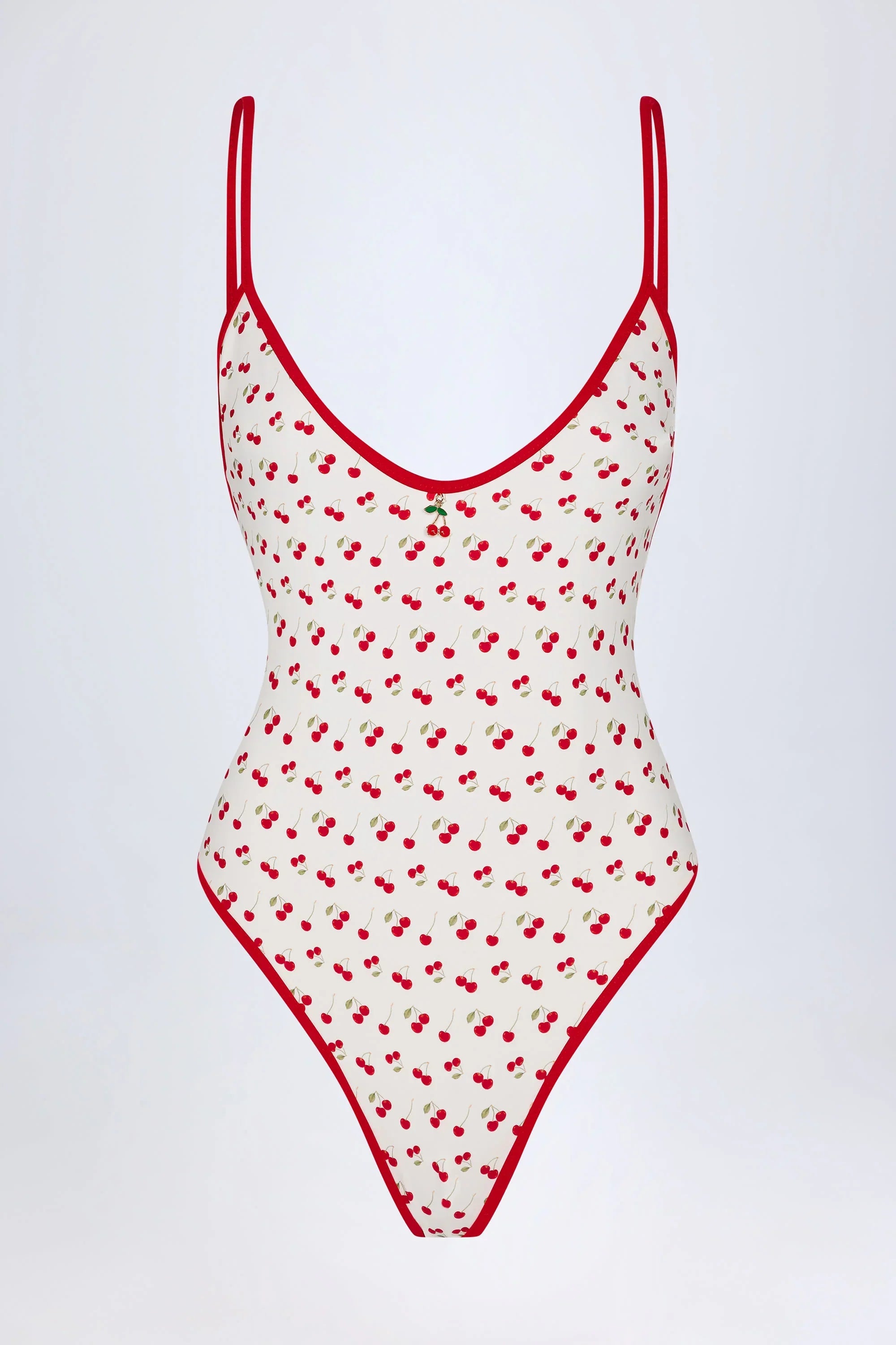 Charm Detail Cross Back Swimsuit in Cherry Print