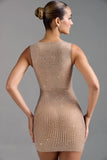 Embellished Square Neck Mini Dress in Almond