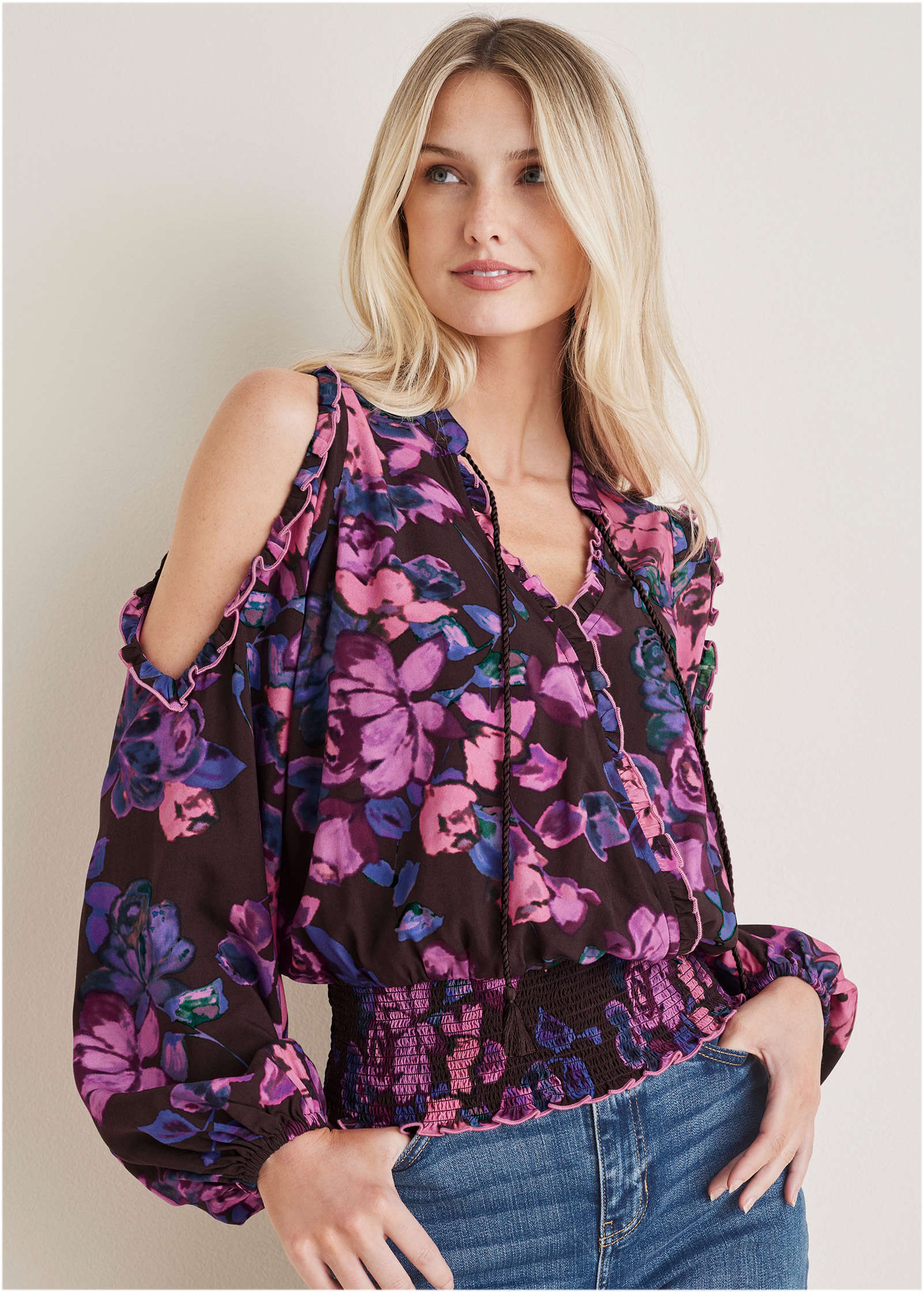 Ruffle Cold Shoulder Blouse Electric Bouquet