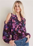 Ruffle Cold Shoulder Blouse Electric Bouquet