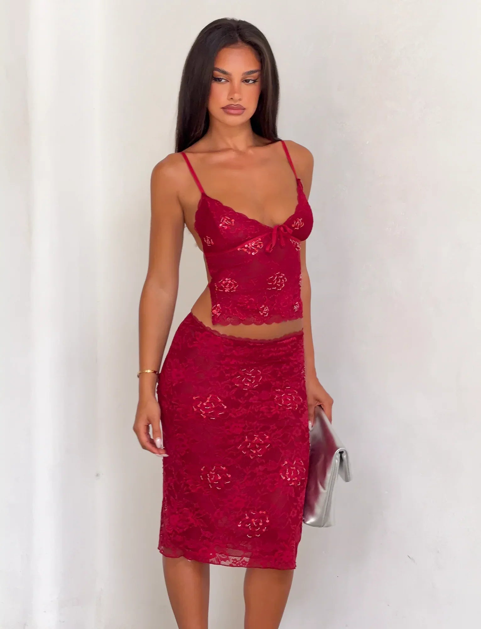 KIRRA BEADED SEQUIN LACE TOP RED