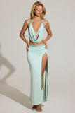 Embellished Low Rise Maxi Skirt in Aqua Blue