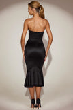 Satin Lace Trim Bandeau Fluted Midaxi Dress in Black