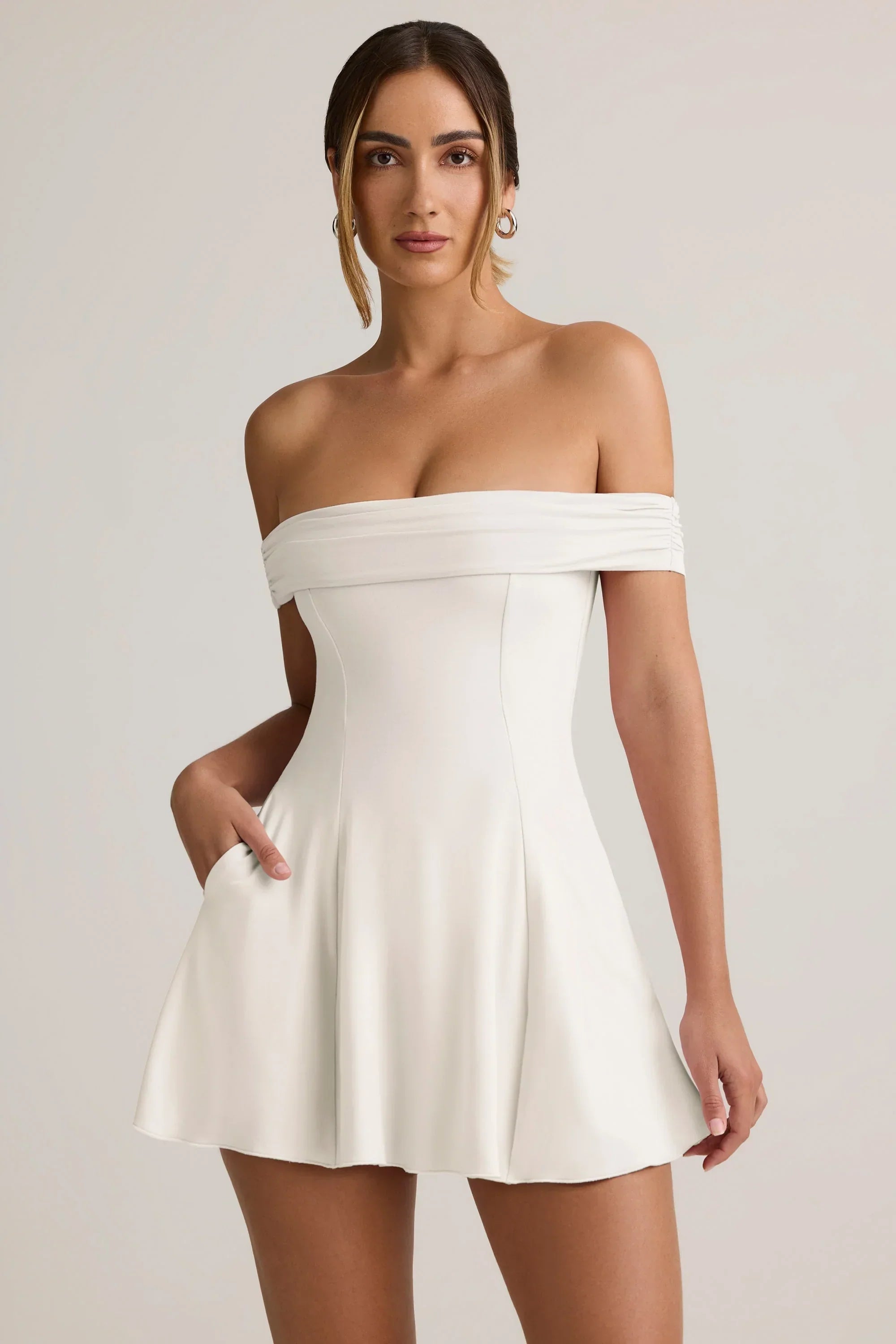 Modal Off Shoulder A Line Mini Dress in White