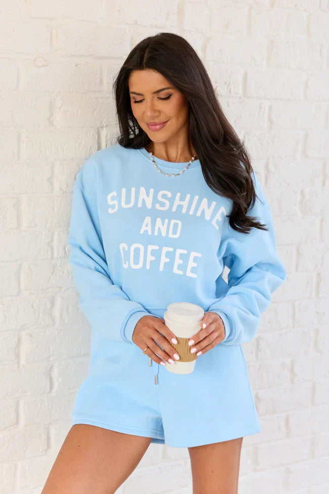 Sunshine And Coffee Light Blue Cropped Graphic Sweatshirt
