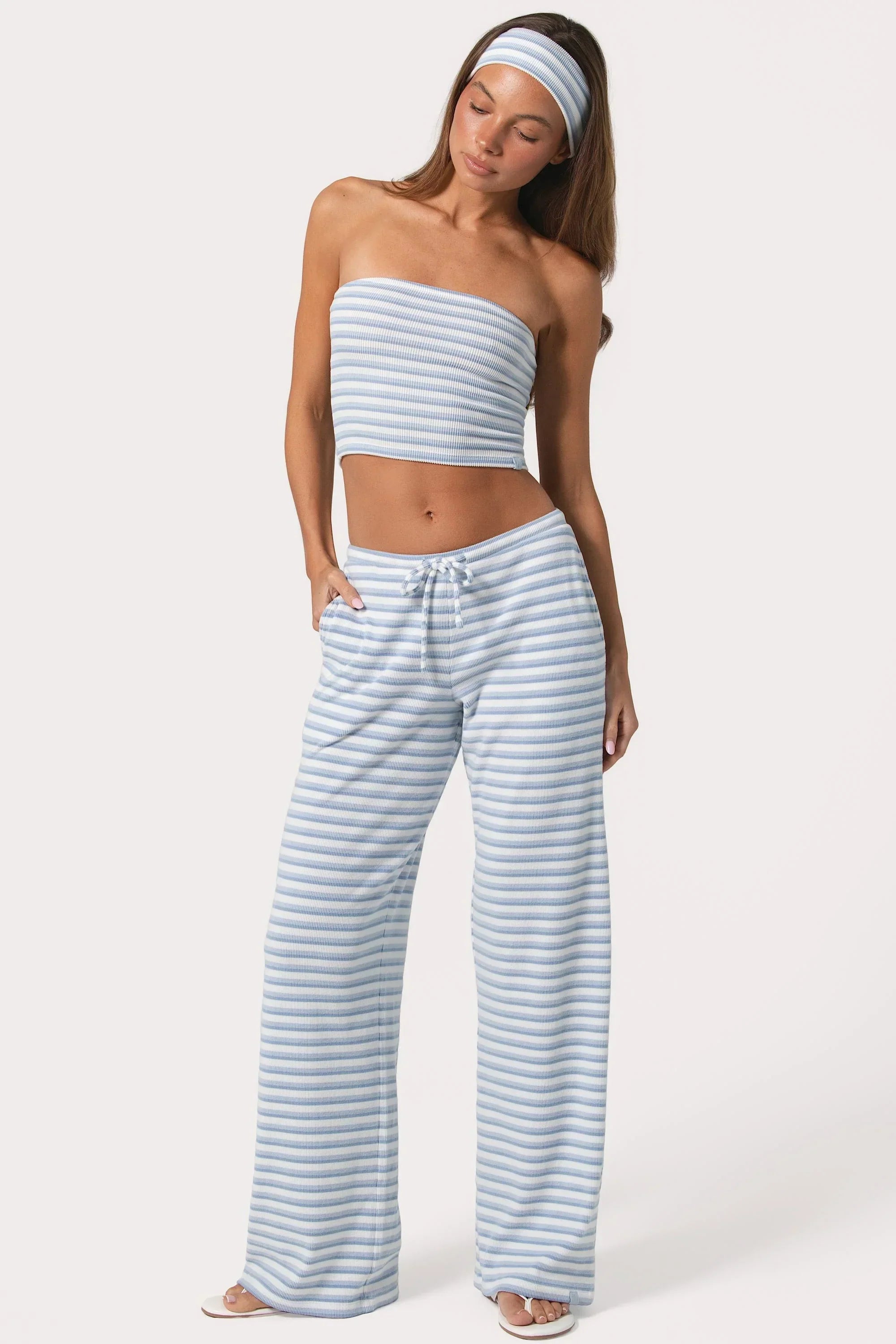 Ribbed Jersey Low Rise Trousers in Blue Stripe