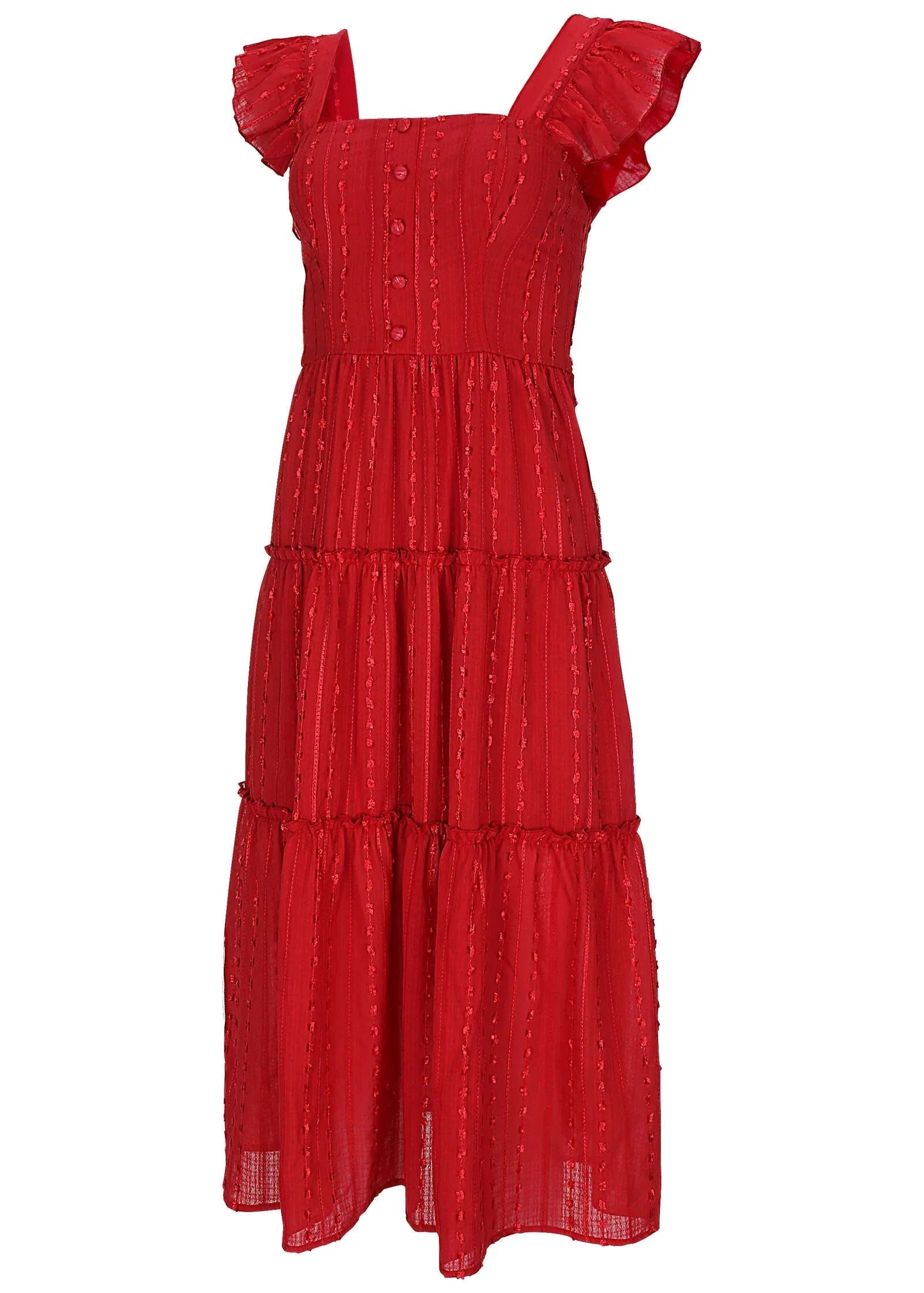 Textured Ruffle Maxi Dress Red