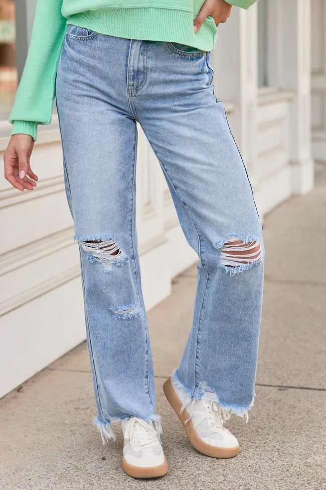 Ariel Light Wash Distressed Wide Leg Jeans