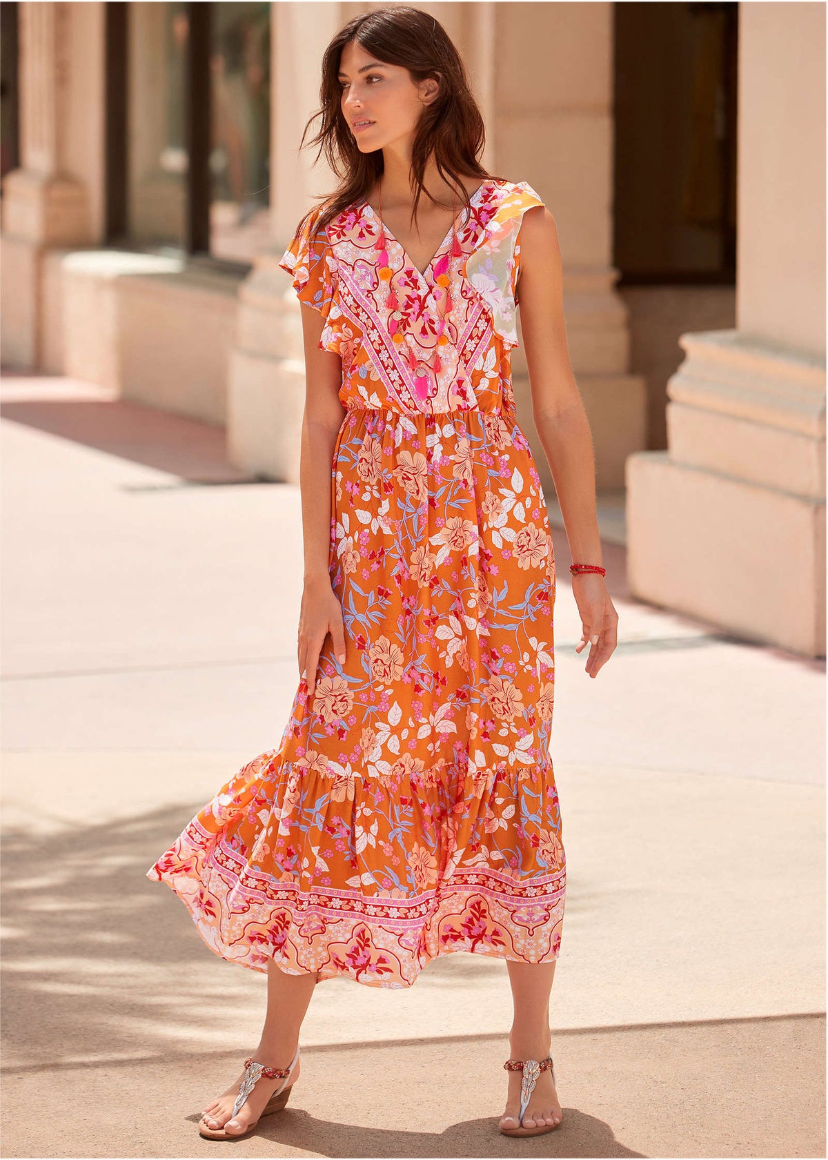 Flutter Sleeve Midi Dress Orange Multi