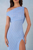 One Shoulder Maxi Dress in Blue Polka Dot Print