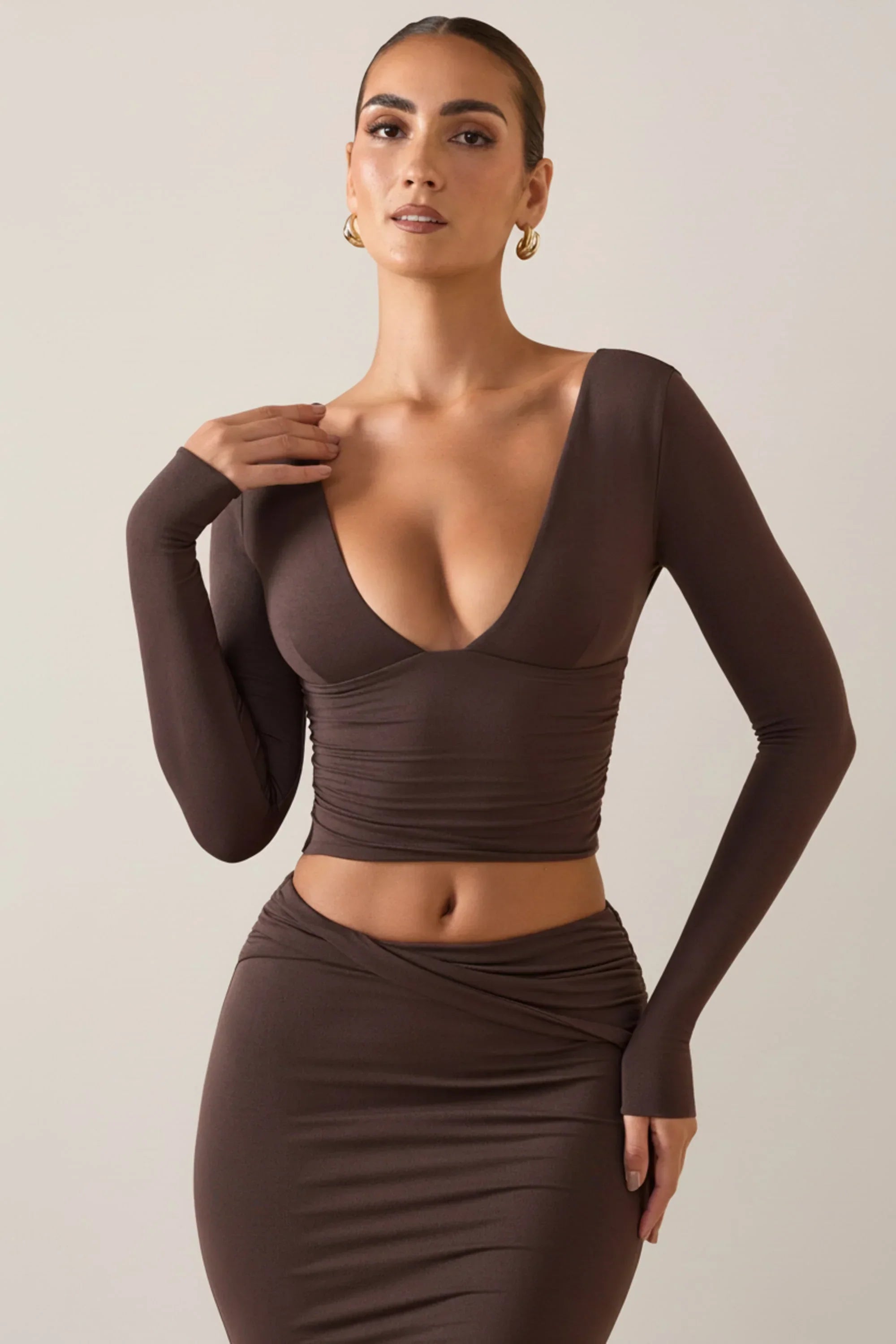 Modal Plunge Long Sleeve Top in Chocolate Brown