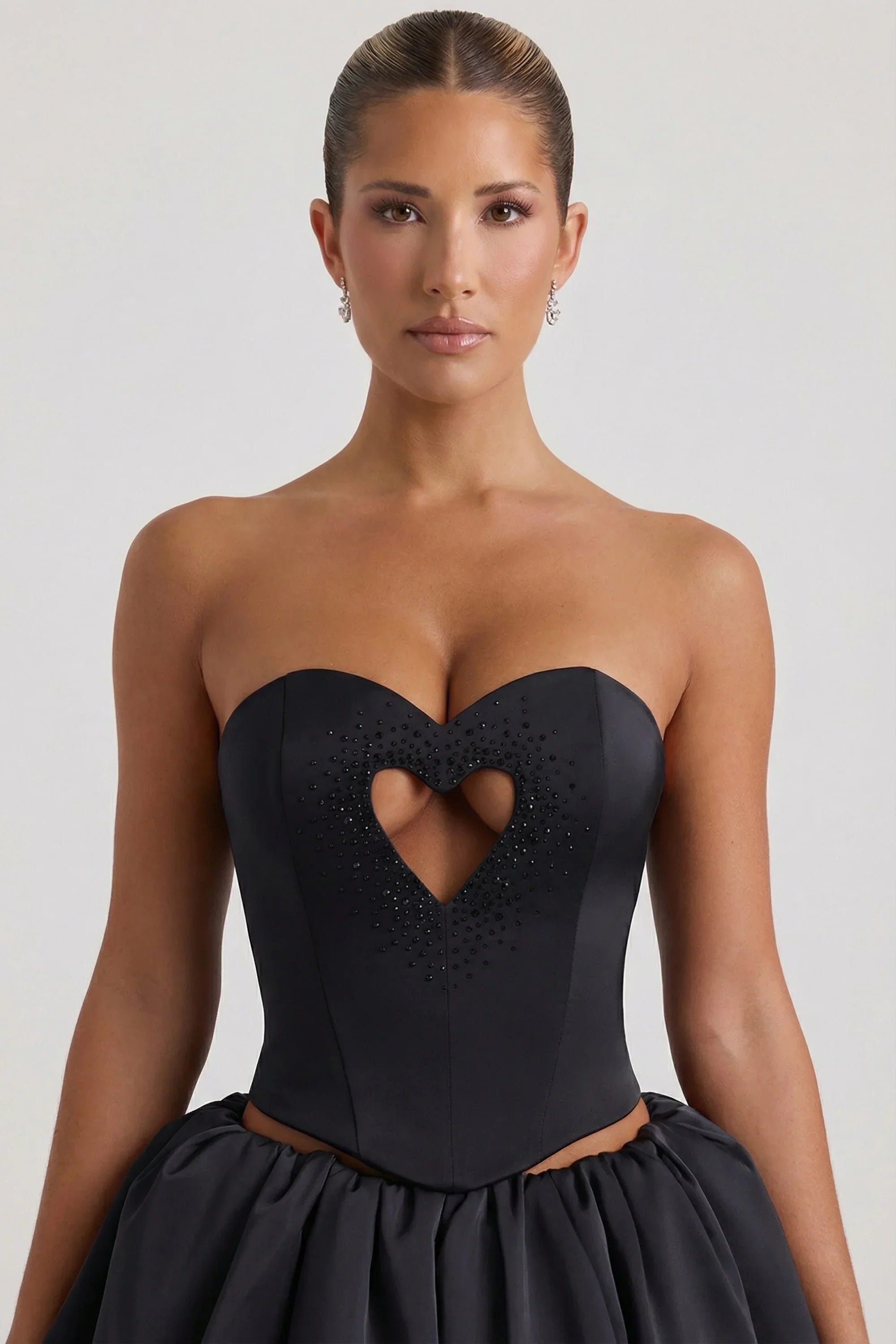 Embellished Heart Cut Out Strapless Corset Top in Black