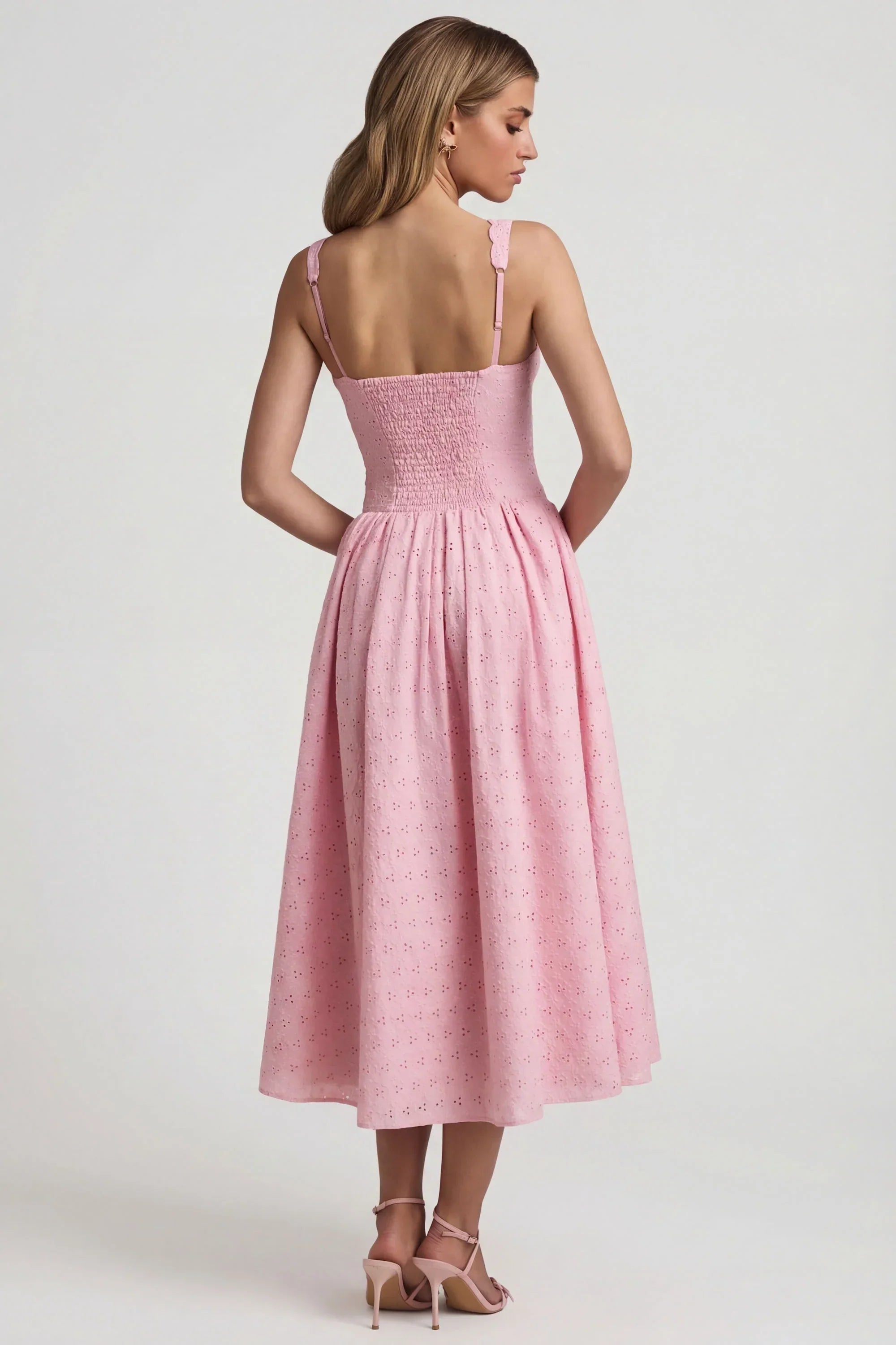 Broderie Anglaise Bow Detail A Line Midaxi Dress in Soft Pink