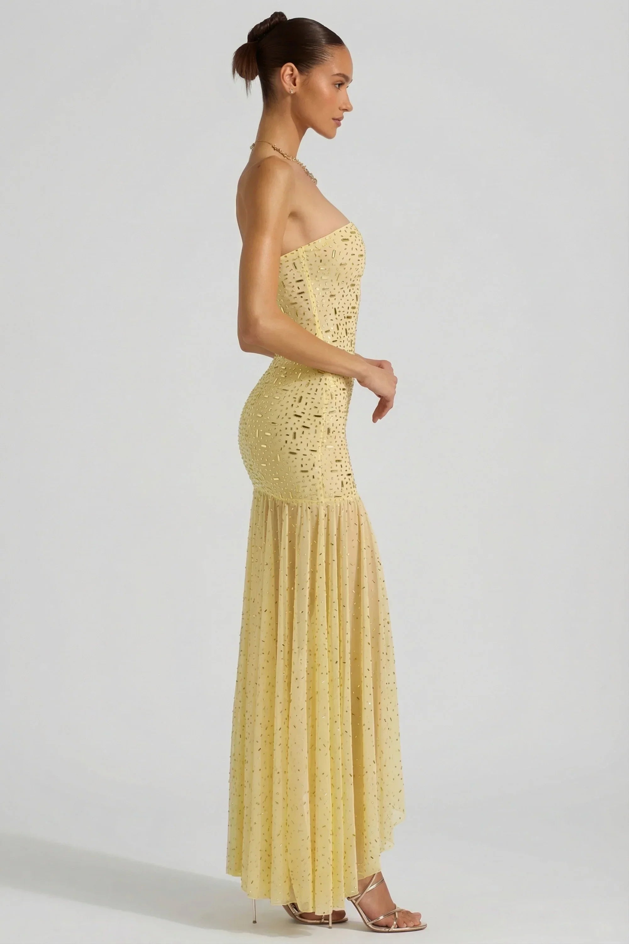 Semi Sheer Embellished Asymmetric Maxi Dress in Yellow