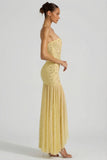 Semi Sheer Embellished Asymmetric Maxi Dress in Yellow