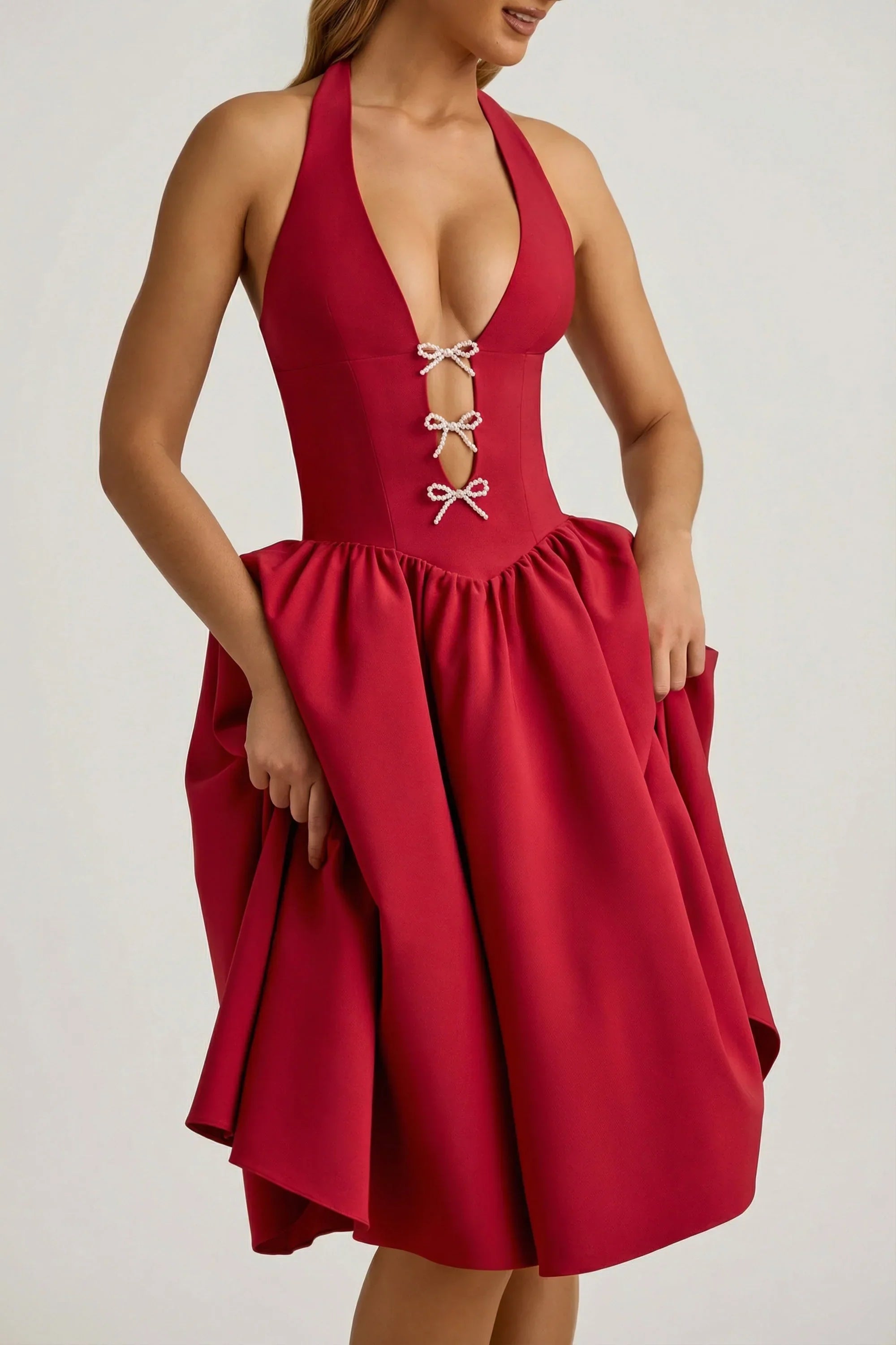 Halterneck Bow Detail Midi Dress in True Red