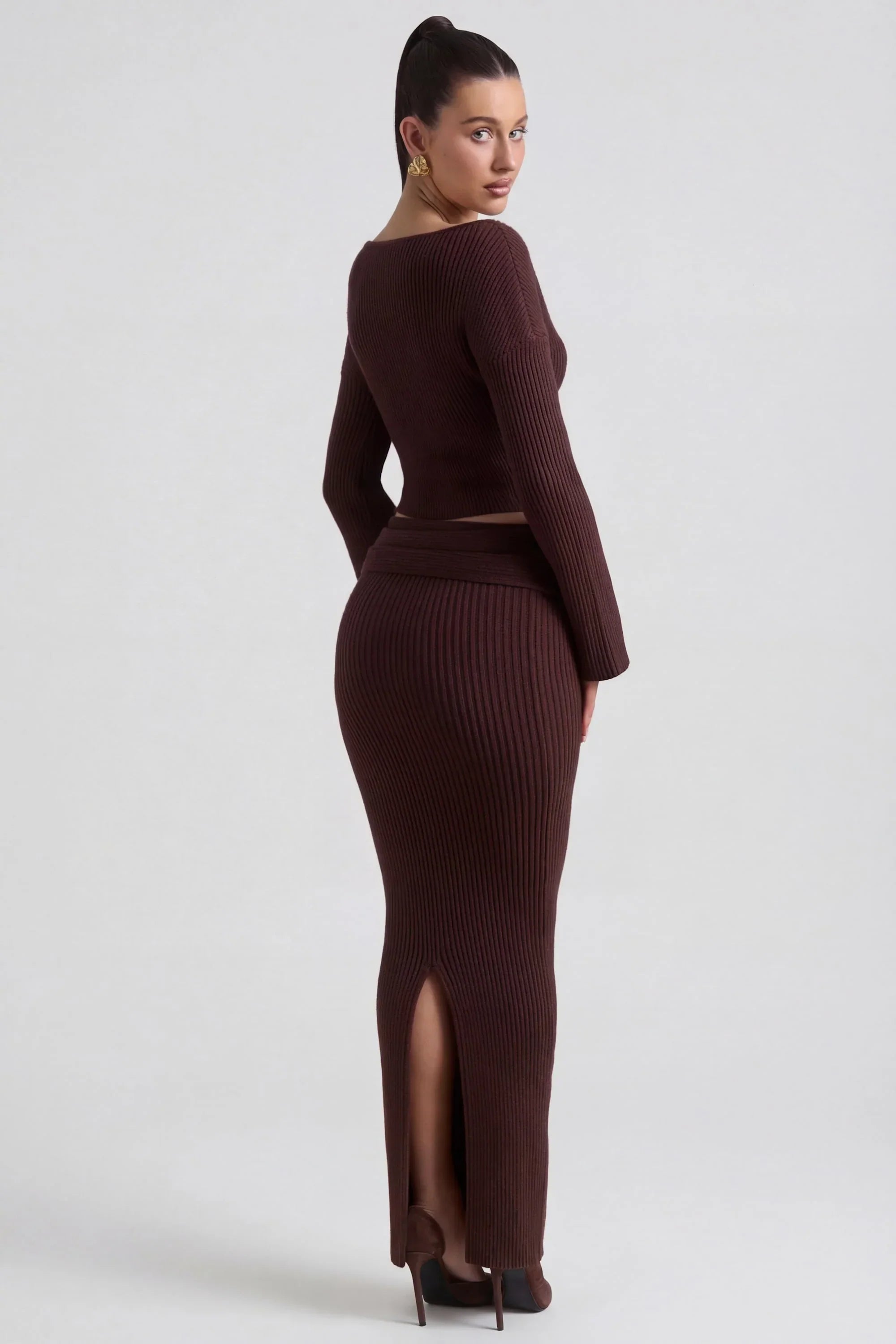 Ribbed Knit Foldover Maxi Skirt in Espresso