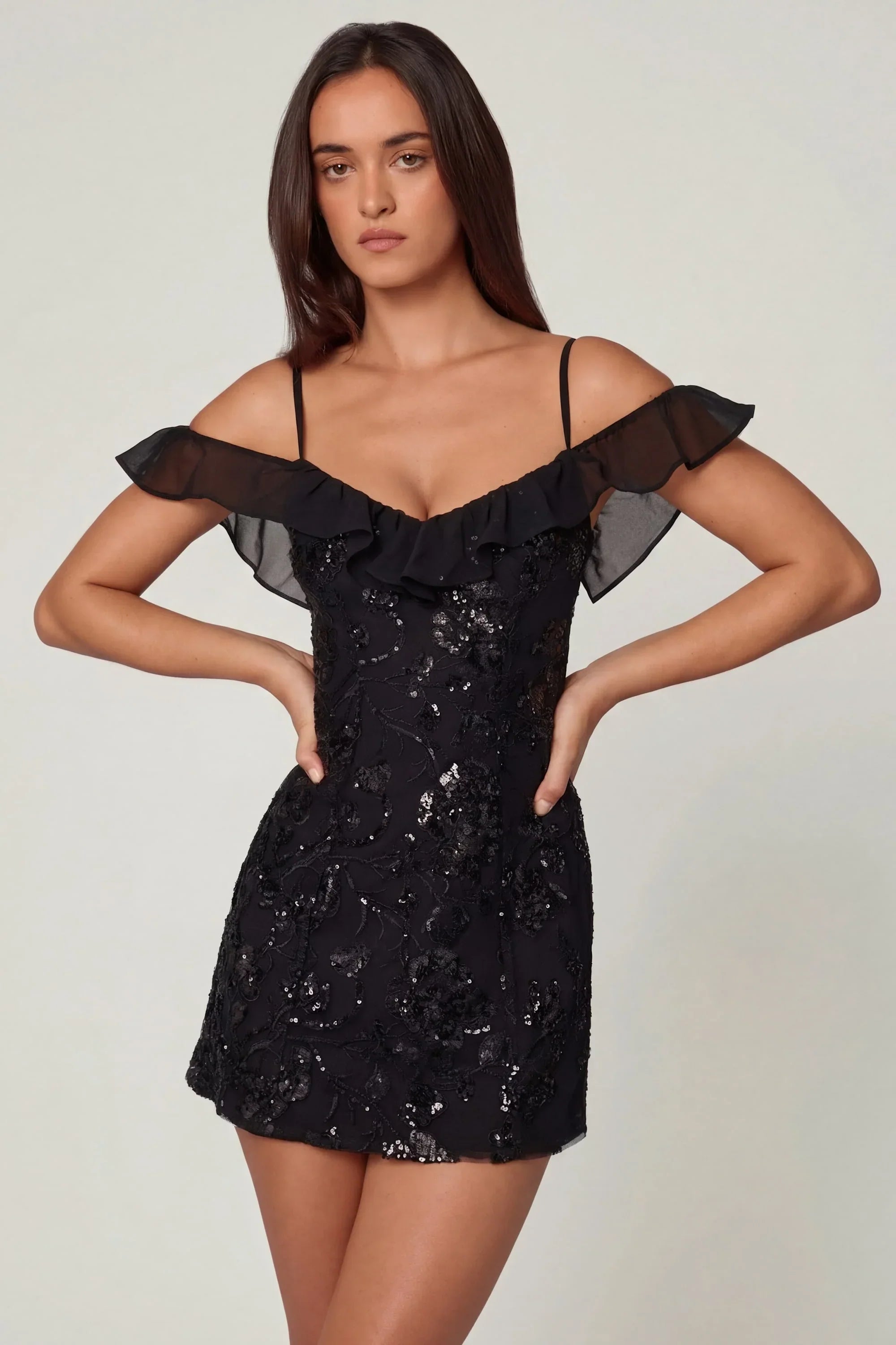 Embellished Lace Up A Line Mini Dress in Black