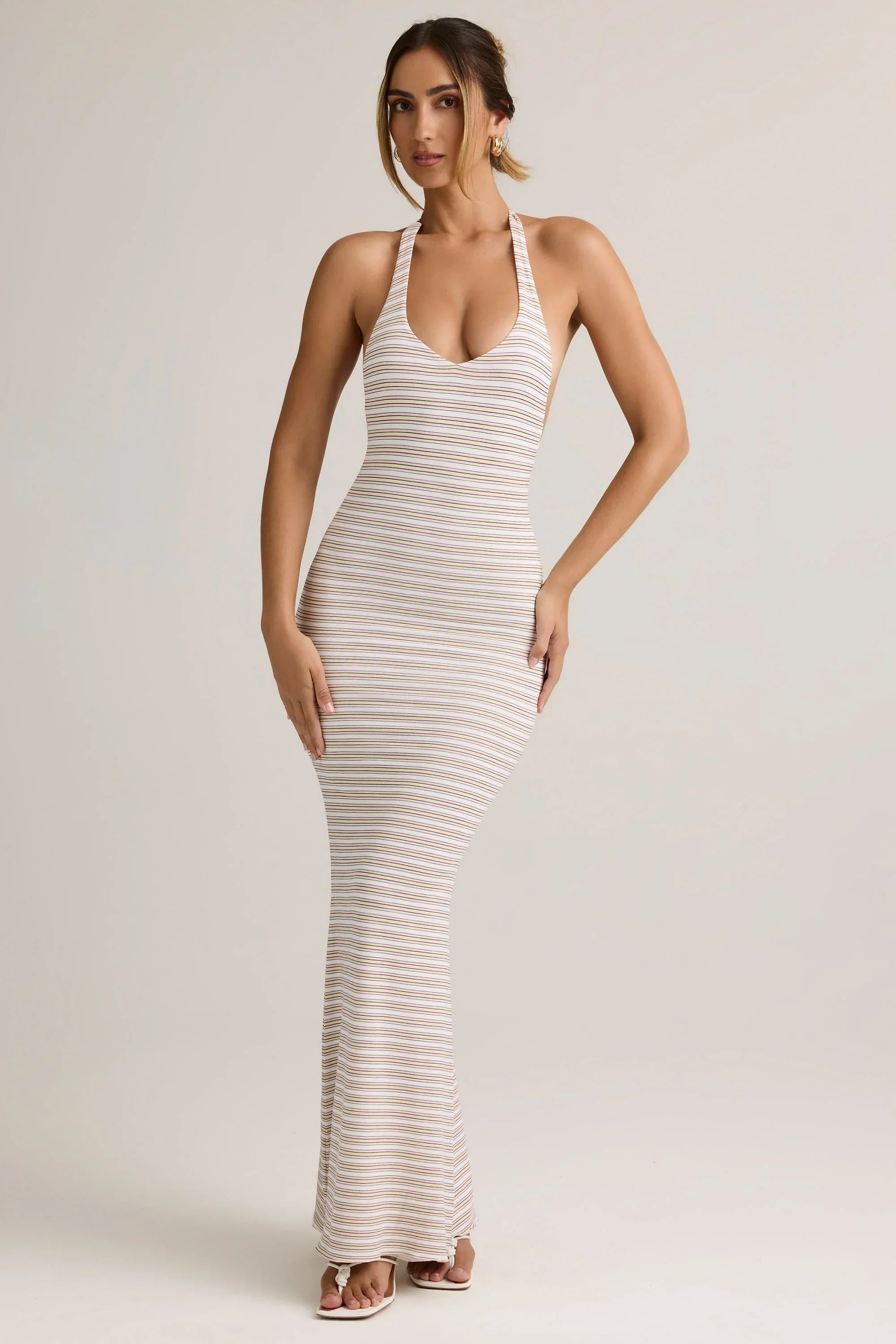 Modal Halterneck Maxi Dress in Pink Yellow Stripe