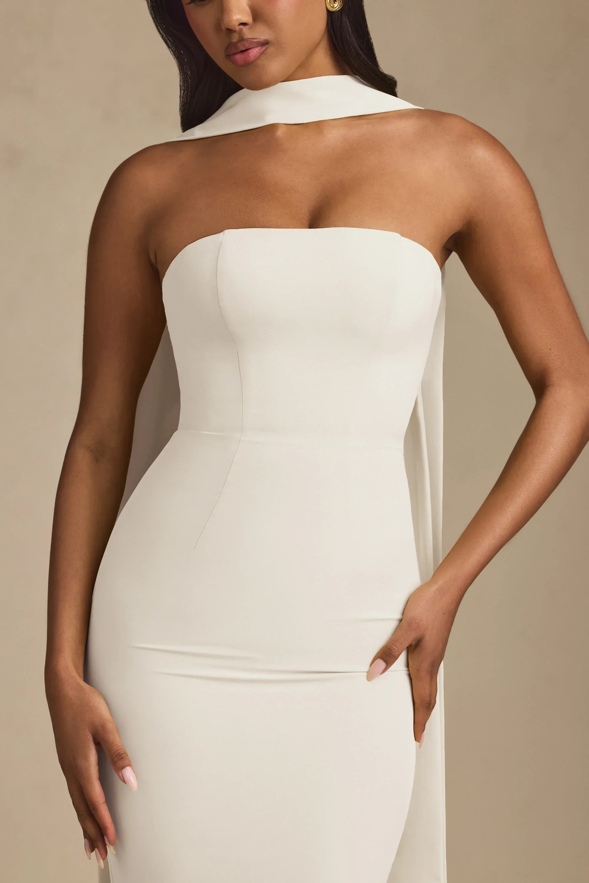Scarf Detail Strapless Gown in Ivory