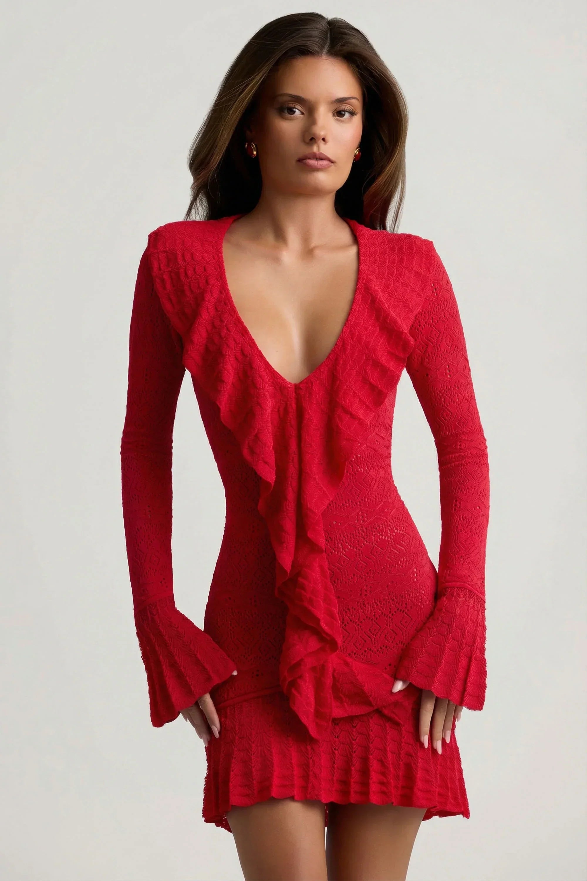 Ruffle Trim Pointelle Knit Mini Dress in Scarlet Red