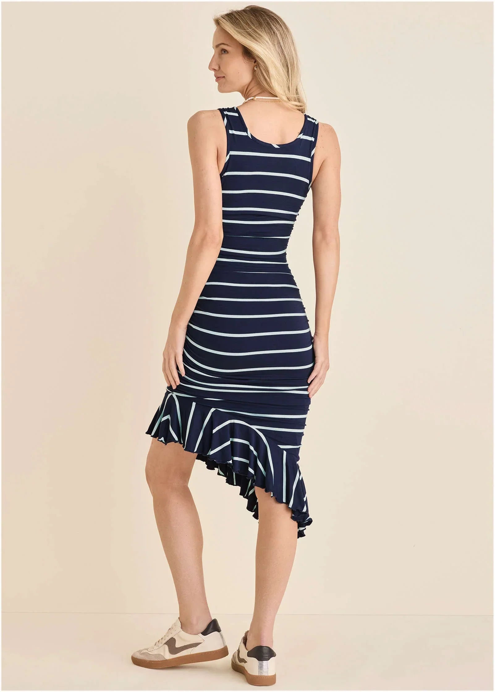 Ruffle Hem High Low Dress Navy White