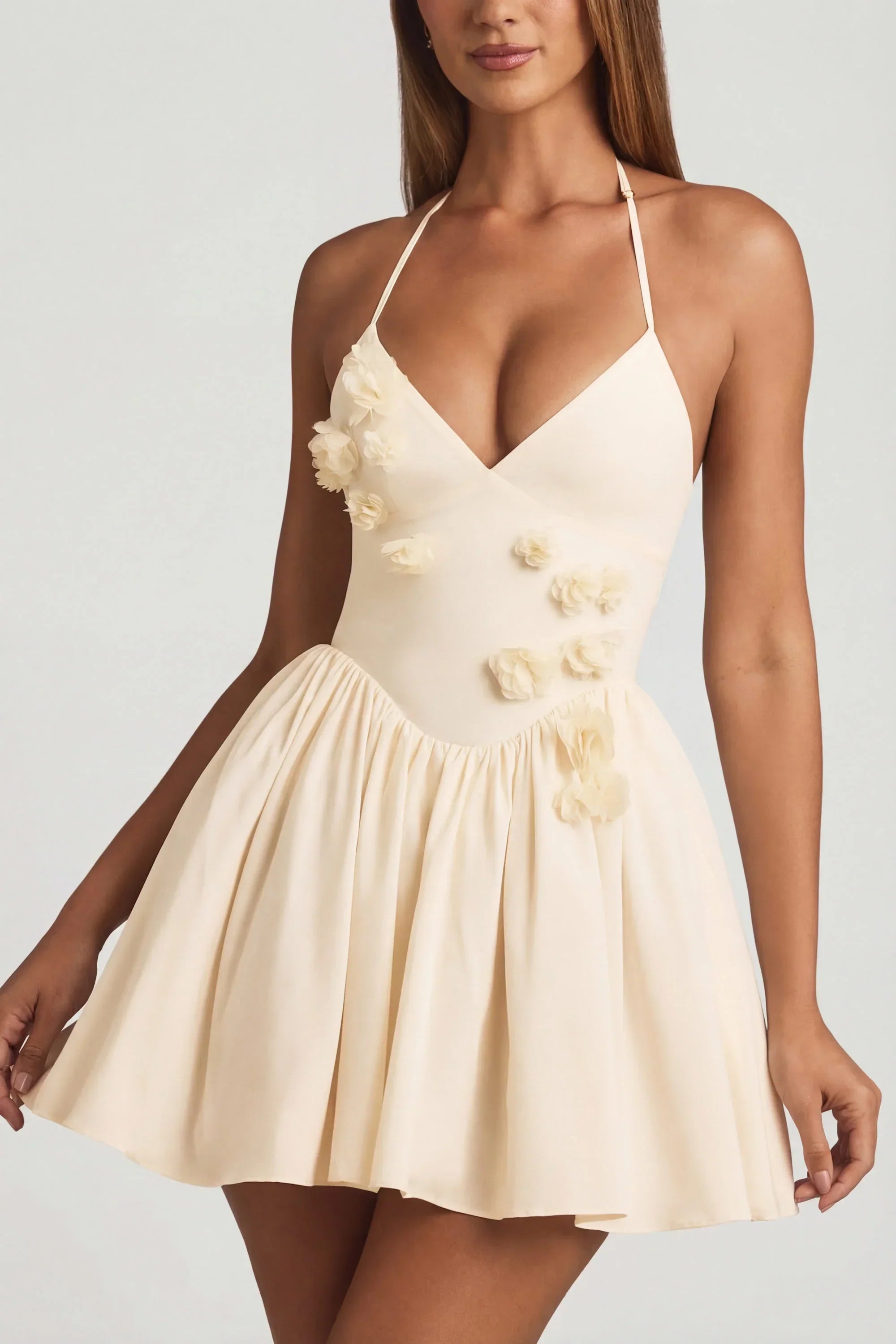 Halterneck Floral Appliqué Corset Mini Dress in Ivory