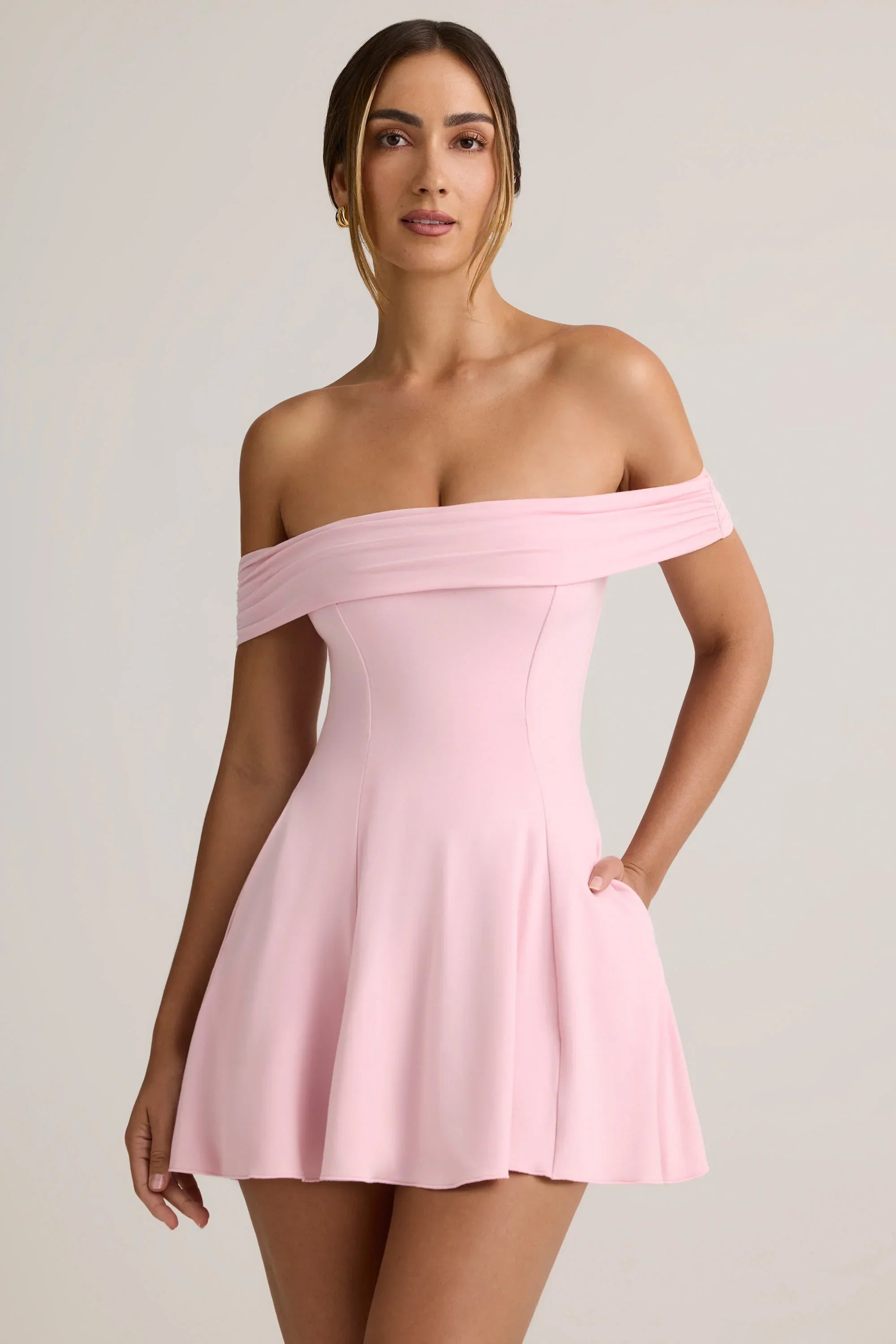 Modal Off Shoulder A Line Mini Dress in Baby Pink