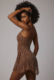 Sheer Embellished Scoop Neck Mini Dress in Mocha