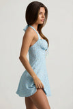Halterneck A Line Mini Dress in Blue Flower Print