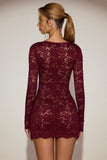 Sheer Scalloped Lace Long Sleeve Mini Dress in Wine Red