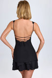 Ruffle Trim Button Detail Corset Mini Dress in Black