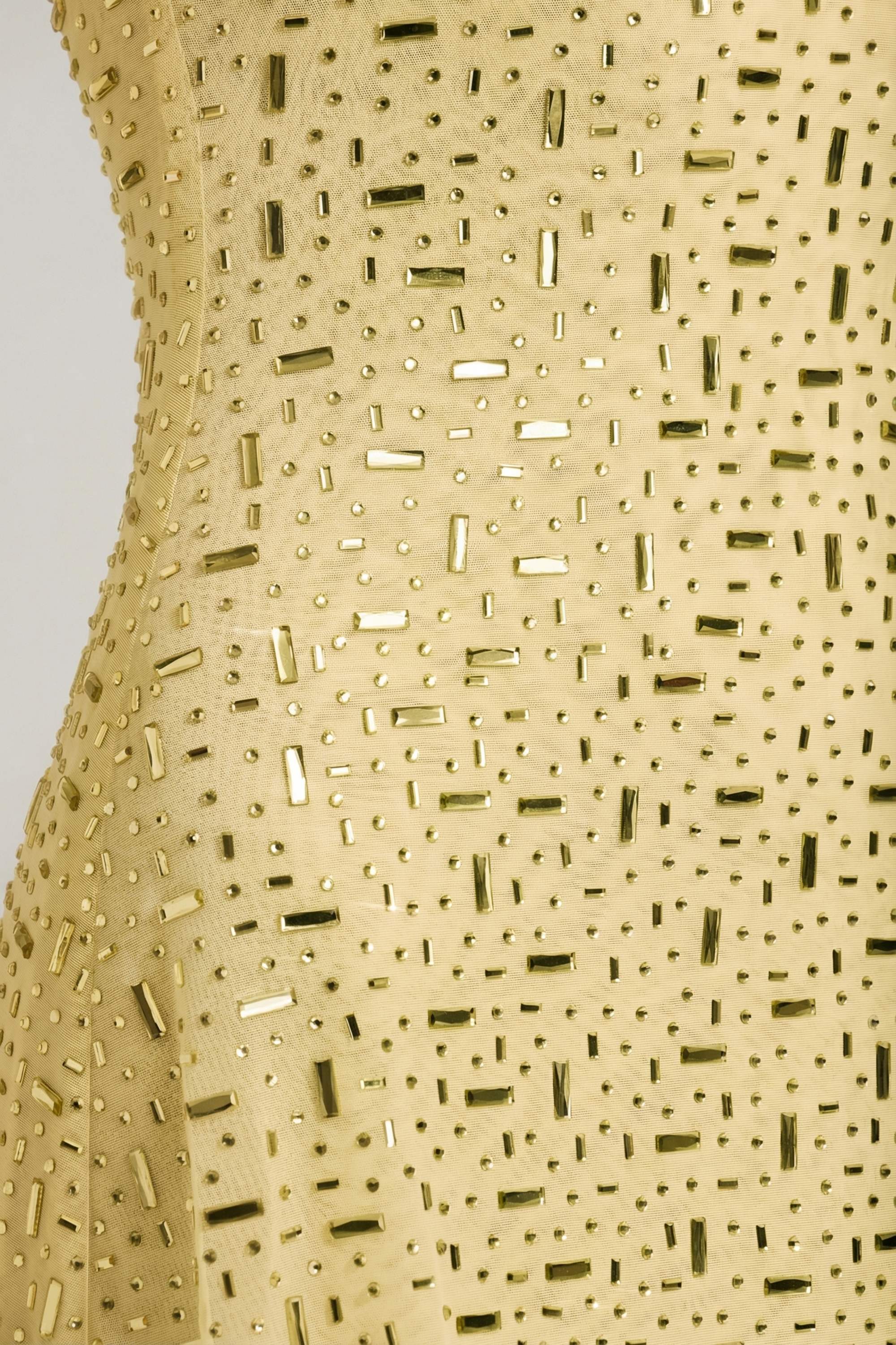 Sheer Embellished Square Neck Mini Dress in Yellow