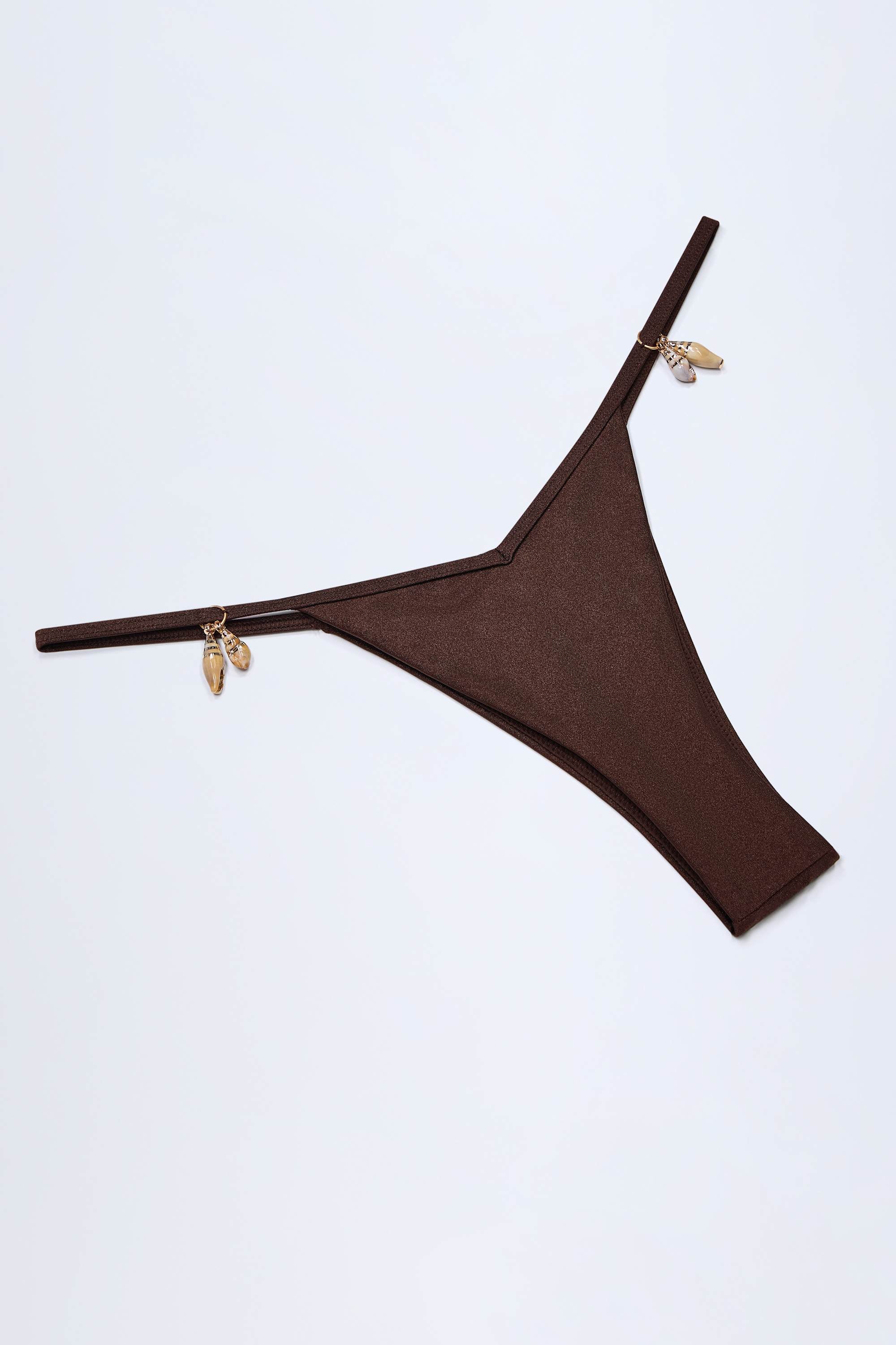 Charm Detail Thong Bikini Bottoms in Dark Chocolate