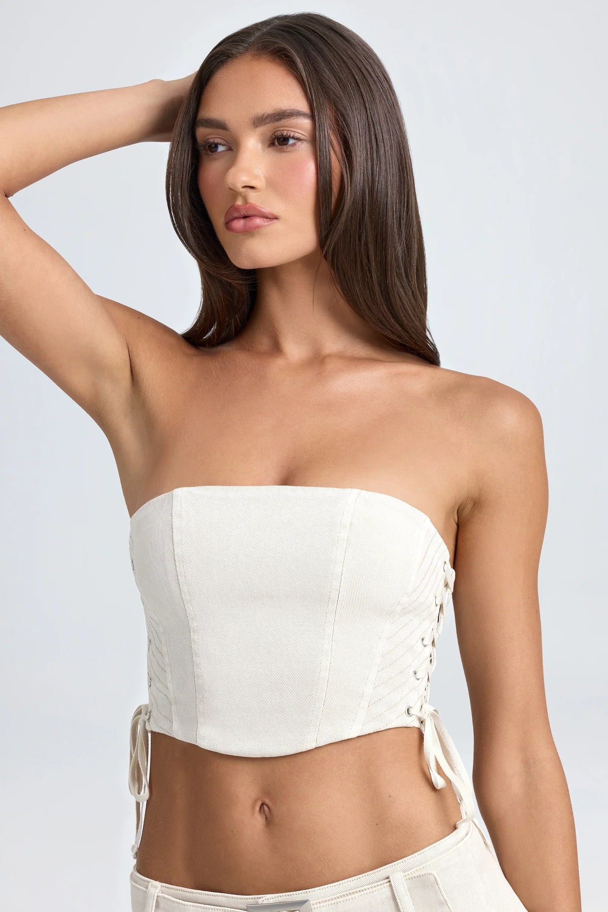 Bandeau Lace Up Corset Crop Top in Ecru