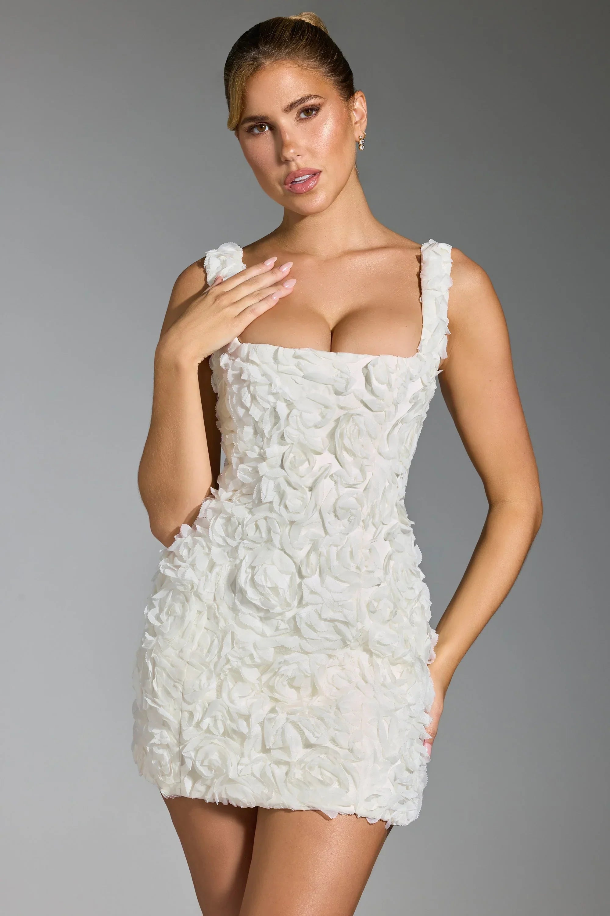 Floral Appliqué Square Neck Corset Mini Dress in White