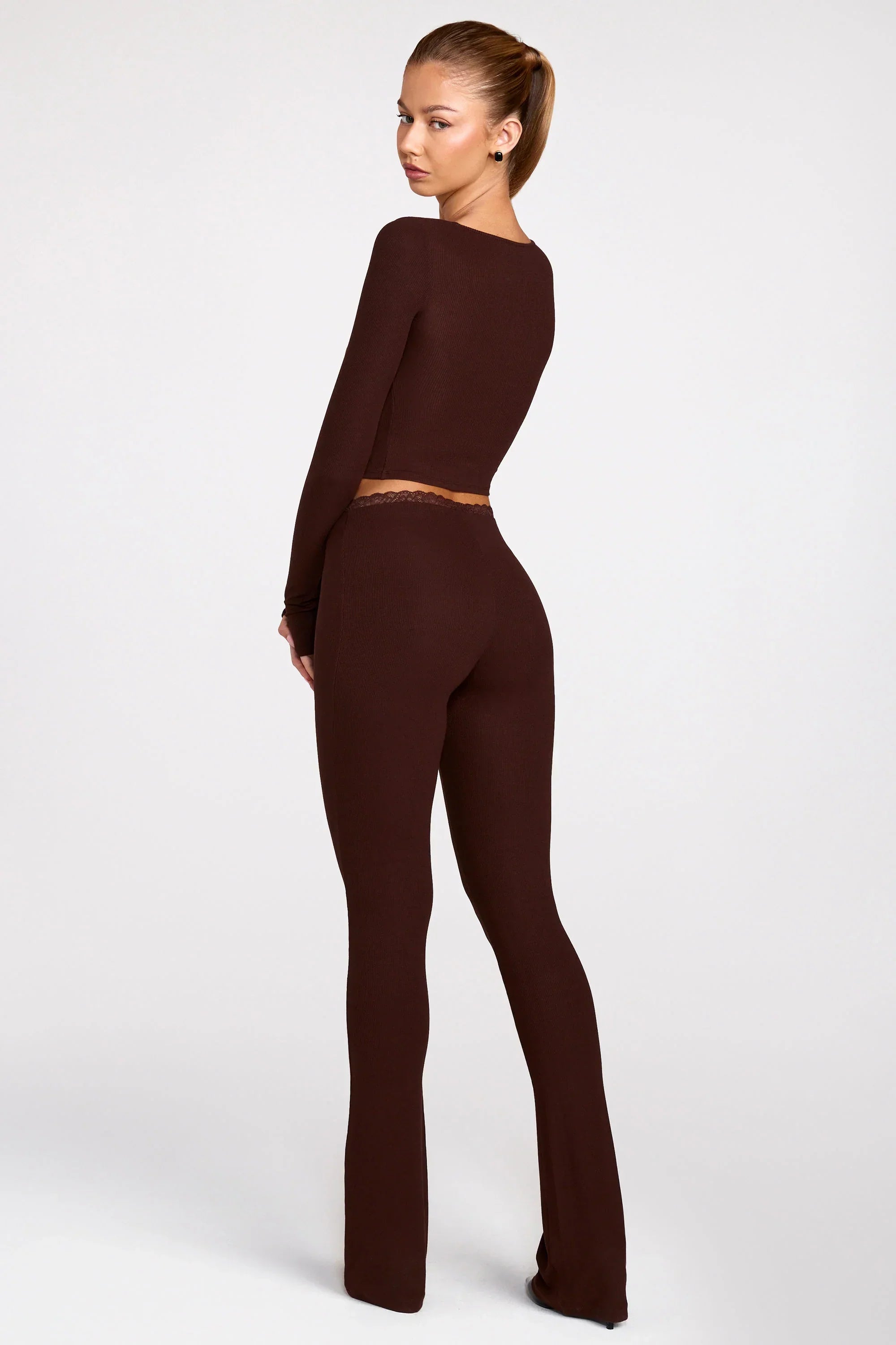 Modal Mid Rise Flared Trousers in Chocolate Brown
