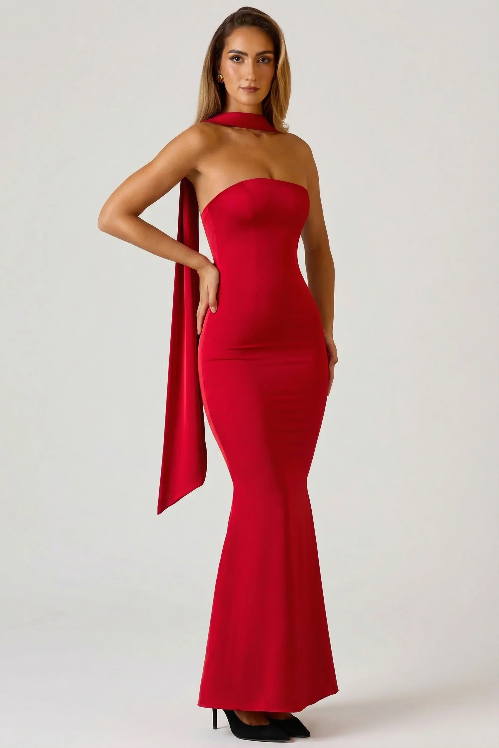 Scarf Detail Strapless Gown in Scarlet Red