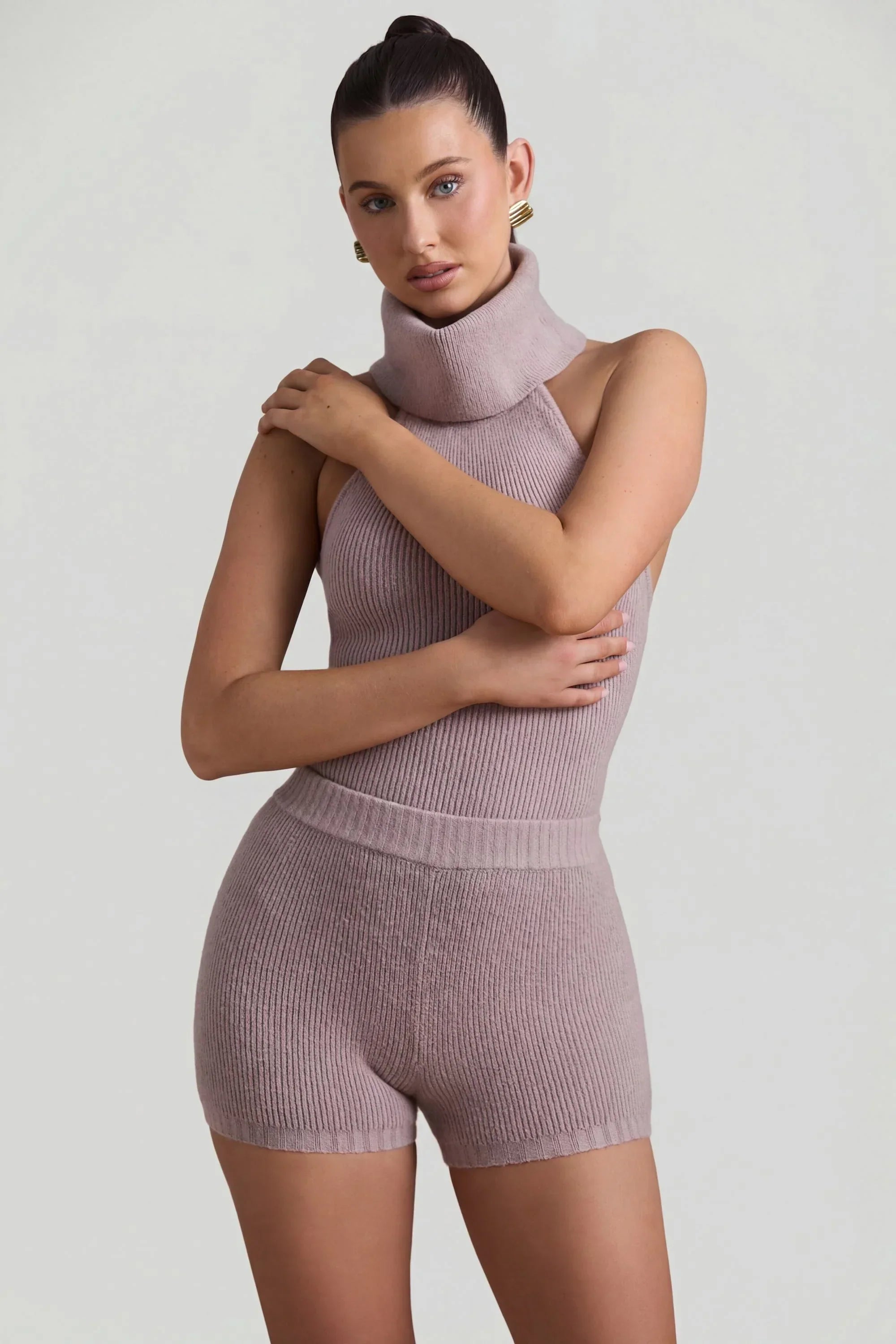 Ribbed Knit Turtleneck Backless Top in Taupe