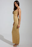 Embellished Cowl Neck Maxi Dress in Gold