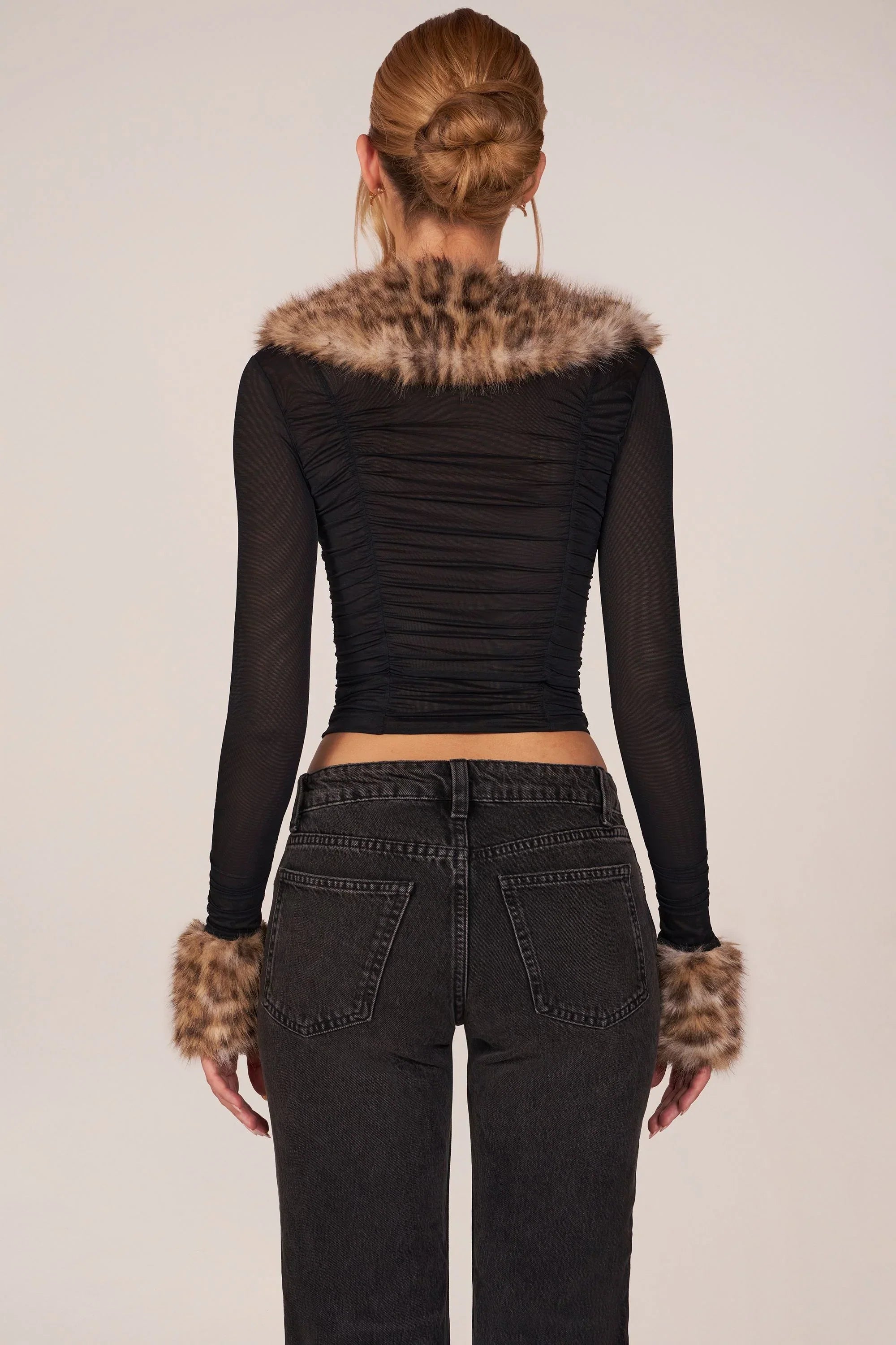 Faux Fur Trim Sheer Mesh Cardigan in Black