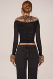 Faux Fur Trim Sheer Mesh Cardigan in Black