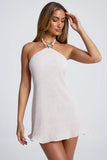 Hardware Detail Open Back Halterneck Micro Mini Dress in Sky Grey