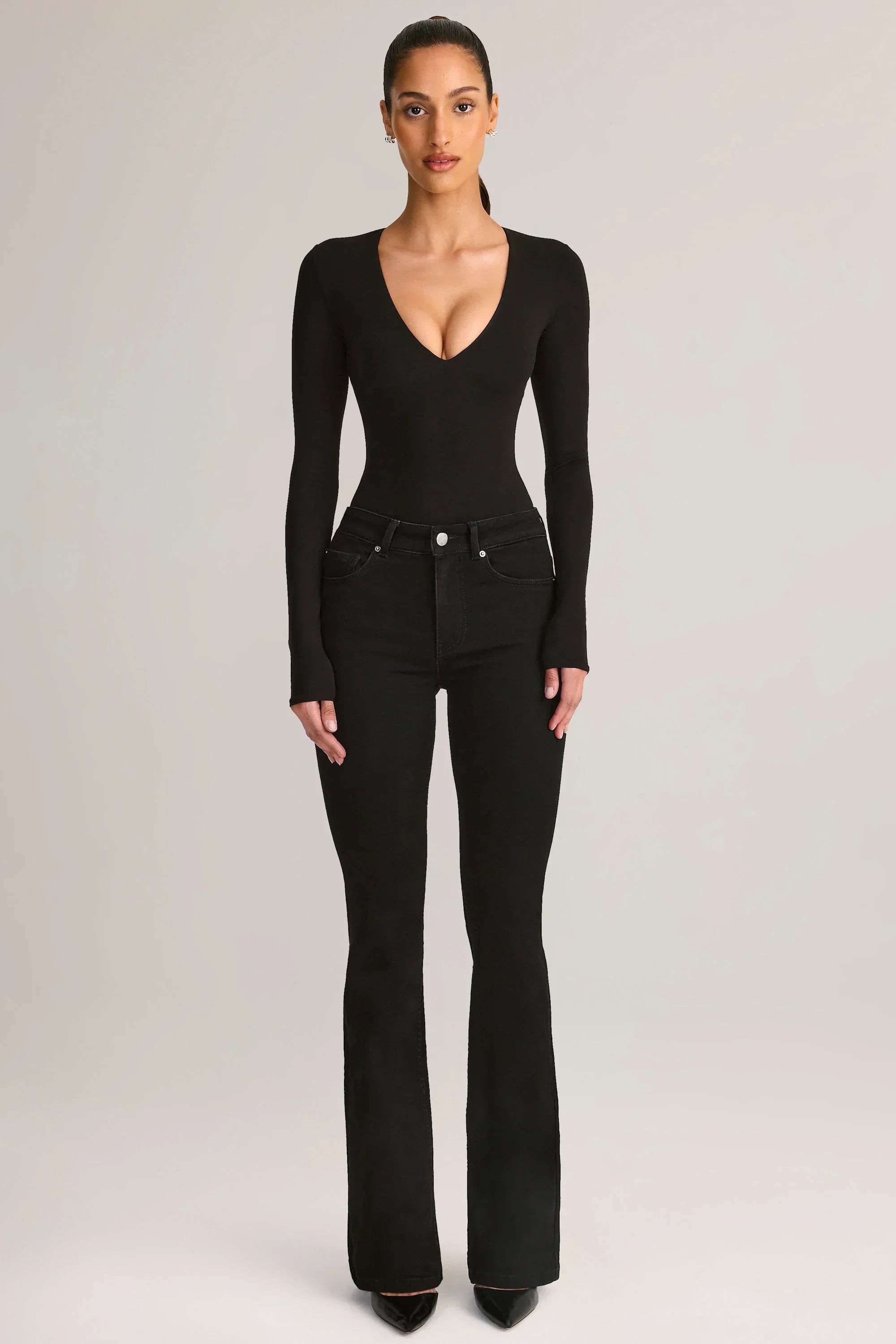 Denim Mid Rise Flared Jeans in Black