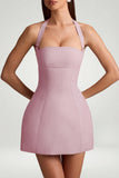 Pinstripe Halterneck Structured A Line Mini Dress in Mauve