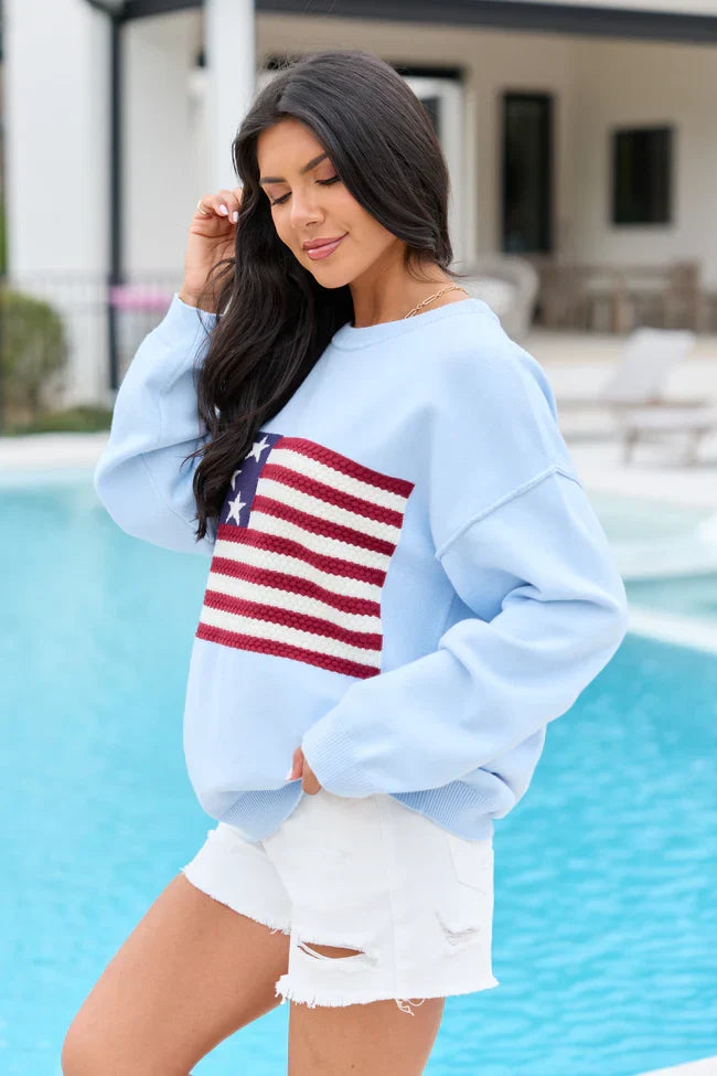 Home Of The Free Light Blue Textured Flag Sweater